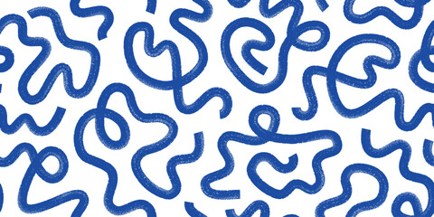 abstract ink brush waves, squiggles, strokes vector seamless pattern. blue swirls, scribbles backgro