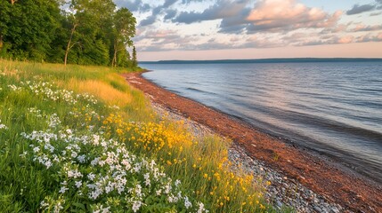  A peaceful lakeshore with wildflowers in bloom during sunset