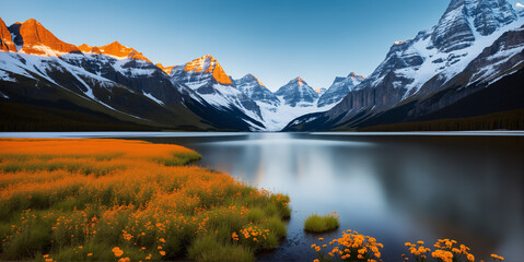 A quiet lake with snowy mountains and sky as a background. AI generated