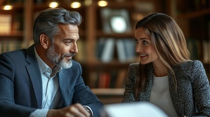 Poster - A man and a woman are sitting at a table, smiling at each other