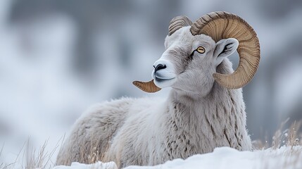 Wall Mural - A majestic bighorn sheep with large curled horns rests in a snowy landscape, its gaze fixed on the distant horizon.