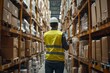 © YURIMA - An employee in a warehouse is wearing safety gear while using a tablet to inspect inventory in a large storage facility with shelves and boxes. The space is industrial and filled with goods