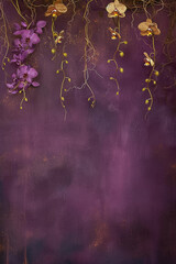 Wall Mural - Vertical floral grunge background with blank space for text, backdrop in purple tones with flowers, copyspace, top view