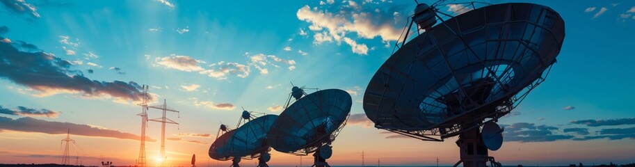 Satellite dish arrays symbolize advanced communication technology, standing against a beautiful sunset, blending tech with nature. Serene landscape enhances impact of tech meeting nature