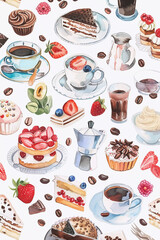 Wall Mural - Bakery dessert poster. Vertical watercolor background with breakfast pastries