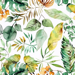 Wall Mural - Seamless pattern with watercolor tropical leaves in green and yellow tones. Design for cloth, repetition background