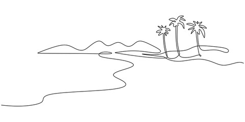 Abstract tropical landscape continuous one line art with mountains, sea, coconut and palm tree