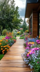 Poster - A walkway with a wooden board and a garden of flowers