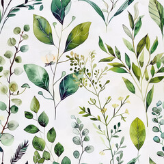 Wall Mural - Watercolor seamless pattern with green leaves on twigs, repetition background