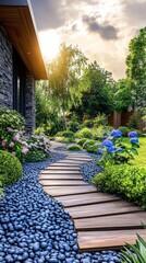 Poster - A walkway with a stone path and a wooden boardwalk