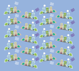 vector illustration. Houses and landscape. Pattern. Can be used for postcard, gift wrap, book, website