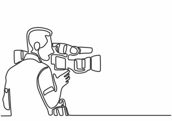 One line drawing of a cameraman with a camera, movie production or live TV, vector illustration.