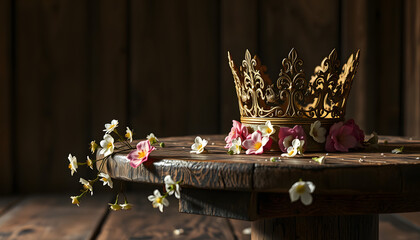 low key image of beautiful queen or king crown over wooden old table and falling flowers. fantasy medieval period isolated with white highlights, png