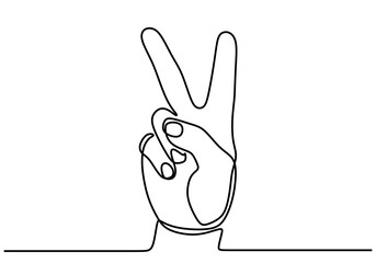 Wall Mural - One Line Drawing of a Hand Making a Peace Sign - Minimalist Illustration on White Background.