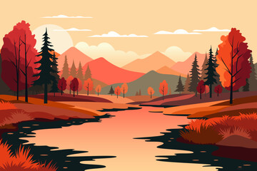 Sticker - Autumn landscape of a river in a colorful forest against the backdrop of mountains. Beautiful vector illustration of autumn season with river, colorful forest and mountains for design.
