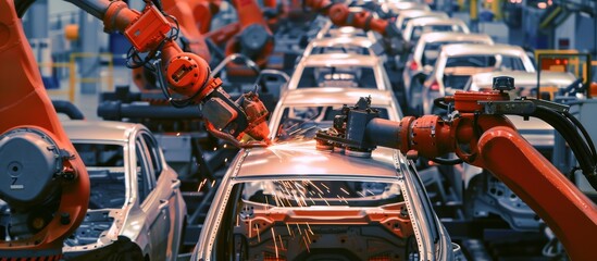 Poster - Robotic arms are used in car factories to assemble vehicle bodies on production lines, showcasing advanced automation in the automotive industry, focusing on precision, efficiency, and innovation