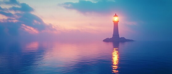 A lighthouse is lit up in the ocean at sunset