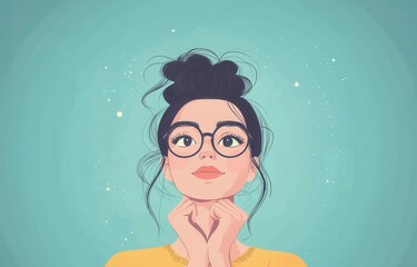 woman experiencing wonder while wearing glasses, flat design, magical theme