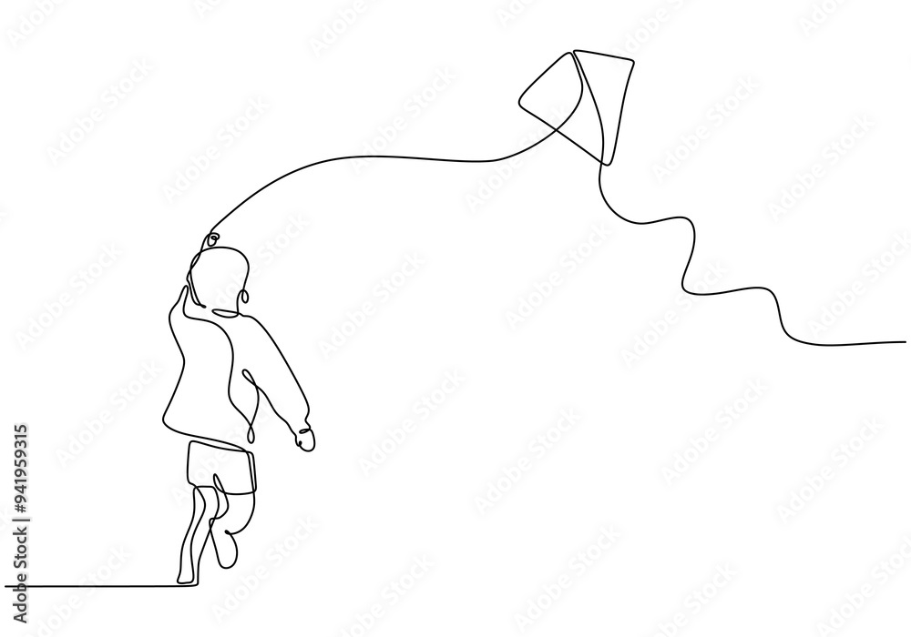 Child flying a kite in the field, continuous line drawing, vector ...