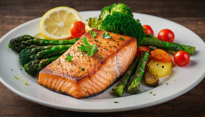 Fried salmon steak, red fish with a slice of lemon, asparagus, broccoli, carrots, tomatoes. Fish dish with fresh vegetables.