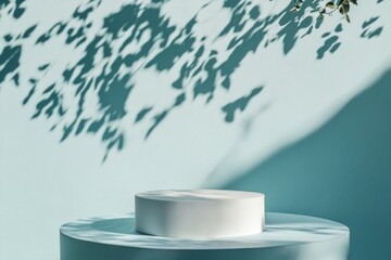 Poster - Minimalist Blue Mockup Round Glass Podium with Diffused Lighting and Soft Shadows in Modern Design