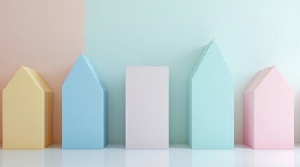 Poster - Five Colorful Geometric Shapes on White Background - Empty Minimal Design for Creativity and Simplicity