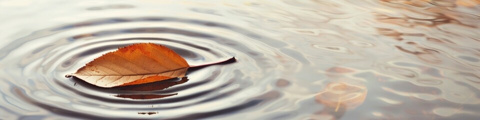 Vibrant Autumn Leaf Floating on Rippling Water Surface at Dusk Minimal Nature Scene with Ample Copy Space