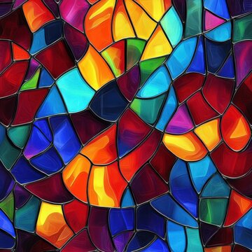 Vibrant Abstract Stained Glass Design with Bold Colors and Curved Patterns

