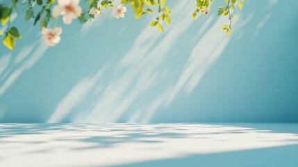 Aufkleber - Tranquil Pastel Blue Garden Surface with Gentle Light Beams and Serene Flower Shadows - Wide Low-Angle View in Soft Morning Light