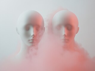 Aufkleber - Surreal Abstract Symmetrical Mannequin Heads in Red Smoke with Soft White Background, Long Exposure, High Definition