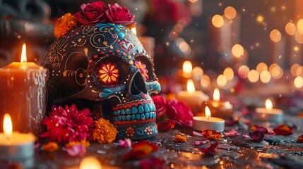 A fantasy-themed Day of the Dead Skull glowing among festive candles 