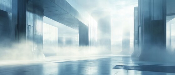 Wall Mural - A futuristic cityscape with foggy skies and tall buildings