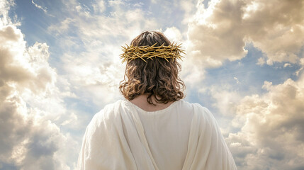 jesus wearing golden crown of thorns looking to heavens	