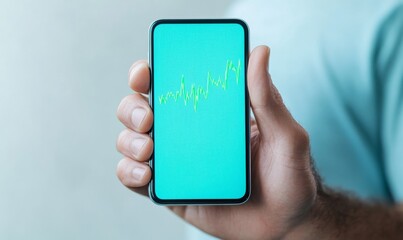 Poster - Male Adult Hand Holding Smartphone with Bullish Stock Market App Showing Green Upward Arrows, Morning Light, Optimistic Mood, Modern Financial Growth Concept