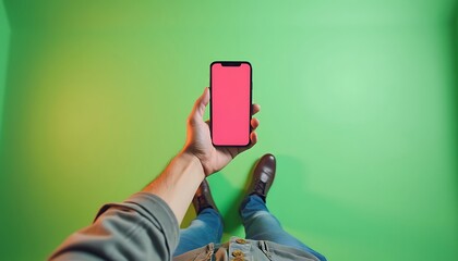 Man standing in a studio holding a smartphone with a blank screen