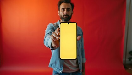 Man standing in a studio holding a smartphone with a blank screen