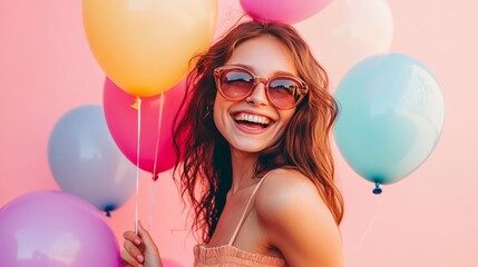 Over a pink background, a cheerful, smiling fashion model is having fun in the summer with colorful balloons in the air.