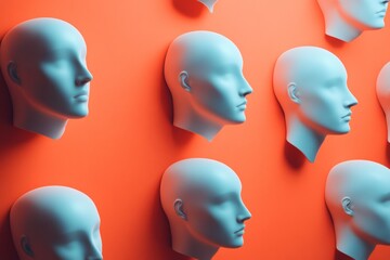 Poster - Monochromatic Mannequin Heads on Dark Red Background Surreal, Bright, Clean Composition with Repetitive Patterns and Depth Shadows