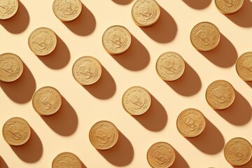 Poster - Close-up of Golden Coins on Beige Background in Bright Daylight with Shadows Creating Depth and a Crisp, Sunny Mood