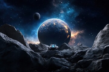 The image shows a rocky foreground with distant planets and stars in the background, depicting the silent and breathtaking beauty of the unseen corners of our universe.