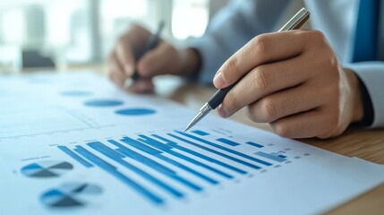 2024 is shown in a column chart showing the company's growth and progress. A businessman computes financial data for long-term investments.