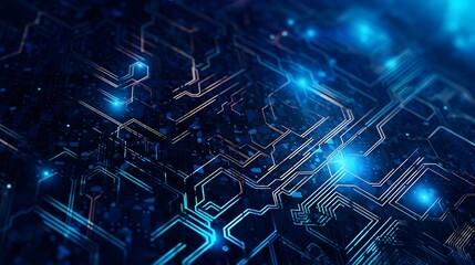 abstract technology background with circuit board and blue lights digital communication line concept graphic, hardware computer tech integrated energy design information internet generative Ai.