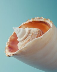 Poster - Abstract Pastel Seashell on Gradient Blue Background, Soft Lighting Highlighting Delicate Textures, Artistic Composition