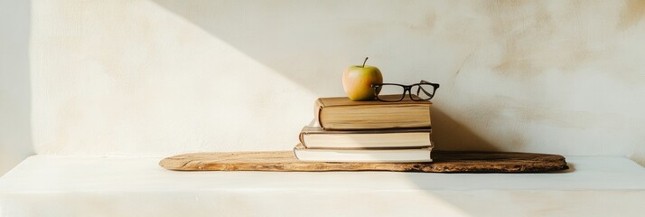 Poster - World Teachers Day Still Life Books, Apple, and Glasses on White Desk in Soft Light Indoor Setting, Symbolizing Education