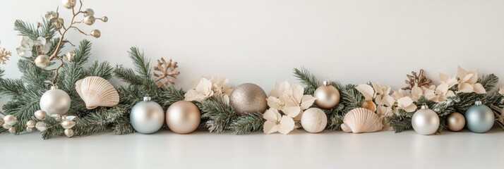Poster - Minimalist Tropical Christmas Table Decor with Seashells and Ornaments on White Background in Soft Light