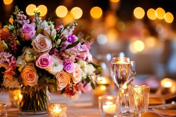 An elegant dining setup featuring a soft candlelit ambiance with a stunning floral centerpiece, creating a romantic and serene environment ideal for intimate gatherings and celebrations.