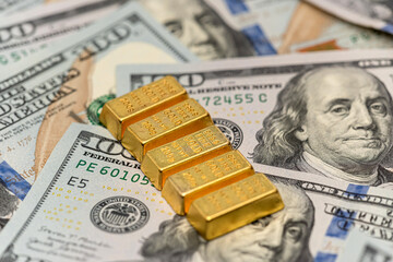 Poster - group gold bars and paper dollar bills as financial background