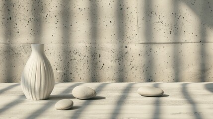 Aufkleber - Minimalist Modern Indoor Setting with Soft Gradient Concrete Surface and Aquatic-Themed Decorations in Serene Lighting