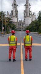 Two workers in orange safety gear and red helmets stand near an industrial plant, one looking back at the other as bright light illuminates their figures amidst a blurred backdrop