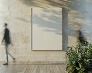 Poster - Modern Minimalist Indoor Space Soft Beige Concrete Wall with Empty Frame for Mockup, People Passing By Motion Blur, Sleek Wooden Floor, Natural Lighting, Calm Atmosphere